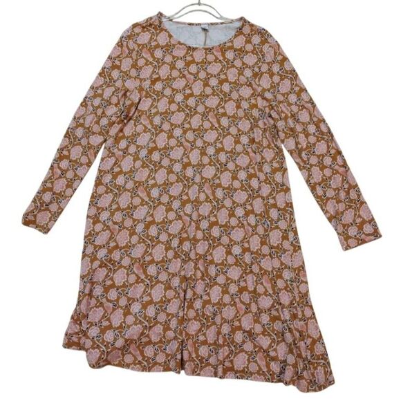 Old Navy Dress Woman XL Brown Pink Floral Boho Swing Flowy Long Sleeves Pullover - Picture 1 of 8